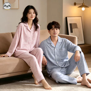 Phong cách Nhật Bản Muji Style / Cặp đôi nhỏ kẻ sọc Cotton nguyên chất dài tay / Bộ đồ ngủ bằng sợi hai lớp có ve áo / Bộ đồ ngủ đi chơi mềm mại thoải mái / Trang phục cặp đôi