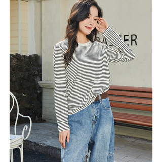Áo thun dài tay sọc kiểu Pháp | Áo Oversize thông thường Harajuku mùa thu đông