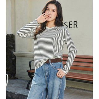 Áo thun dài tay sọc kiểu Pháp | Áo Oversize thông thường Harajuku mùa thu đông