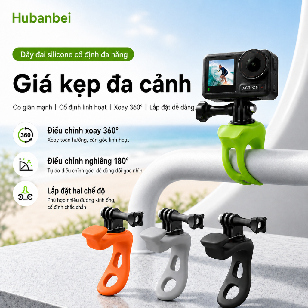 Dây Đai Silicone Gắn Camera Xoay 360° Cho GoPro HERO13/12/11/10/9, DJI Osmo Action, Insta360, Gắn Ghi Đông Xe Đạp Xe Máy Ống Tròn