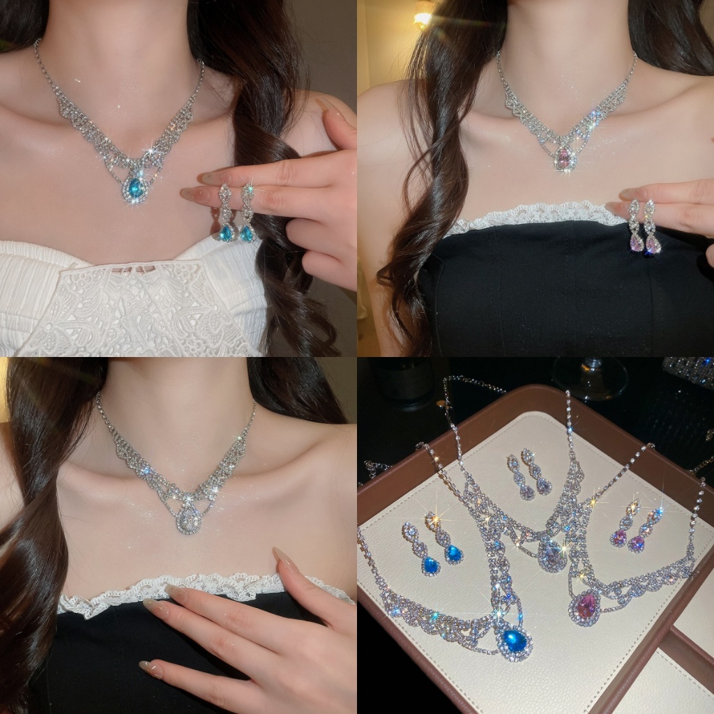 Bộ đồ trang sức 2 mảnh hình giọt nước màu xanh lam màu bạc, Vòng cổ Choker hình chữ V lấy cảm hứng từ ren & Bông tai thả phù hợp cho nữ