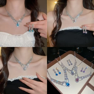 Bộ đồ trang sức 2 mảnh hình giọt nước màu xanh lam màu bạc, Vòng cổ Choker hình chữ V lấy cảm hứng từ ren & Bông tai thả phù hợp cho nữ
