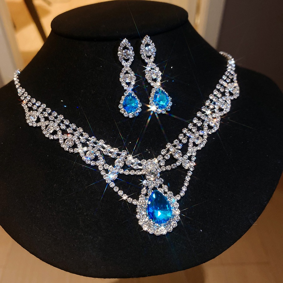 Bộ đồ trang sức 2 mảnh hình giọt nước màu xanh lam màu bạc, Vòng cổ Choker hình chữ V lấy cảm hứng từ ren & Bông tai thả phù hợp cho nữ
