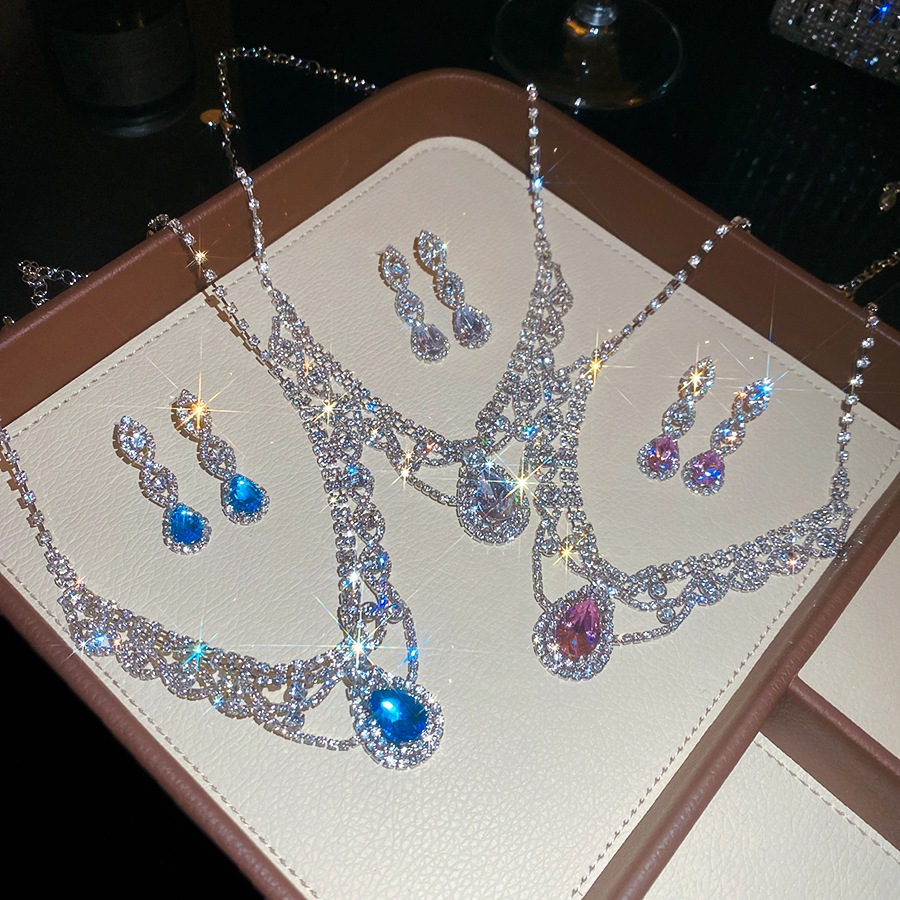 Bộ đồ trang sức 2 mảnh hình giọt nước màu xanh lam màu bạc, Vòng cổ Choker hình chữ V lấy cảm hứng từ ren & Bông tai thả phù hợp cho nữ