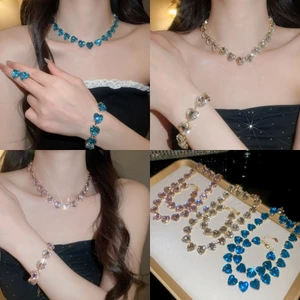 Bộ trang sức 3 mảnh kim cương giả hình trái tim màu vàng, Vòng cổ Choker, Bông tai & Vòng tay dành cho nữ dự tiệc cô dâu