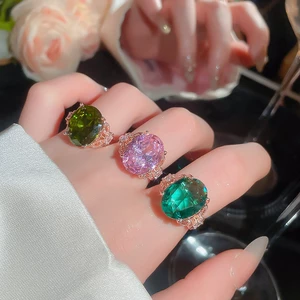 Nhẫn đính đá Cubic Zirconia hình bầu dục lớn màu vàng hồng, Nhẫn tuyên bố có thể điều chỉnh Halo viền ren dành cho nữ