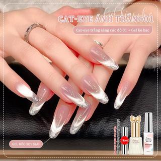 Miss Gooey Mắt mèo siêu sáng màu trắng sơn móng tay phong cách Pháp họa tiết móc nổi bóng đèn mini đá pha lê