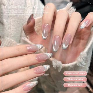 Miss Gooey Mắt mèo siêu sáng màu trắng sơn móng tay phong cách Pháp họa tiết móc nổi bóng đèn mini đá pha lê