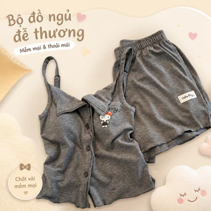 Bộ ngủ nữ đeo lỡ ngực in Hello Kitty hoạt hình màu xám, phong cách ngọt ngào, dáng đuôi yếm