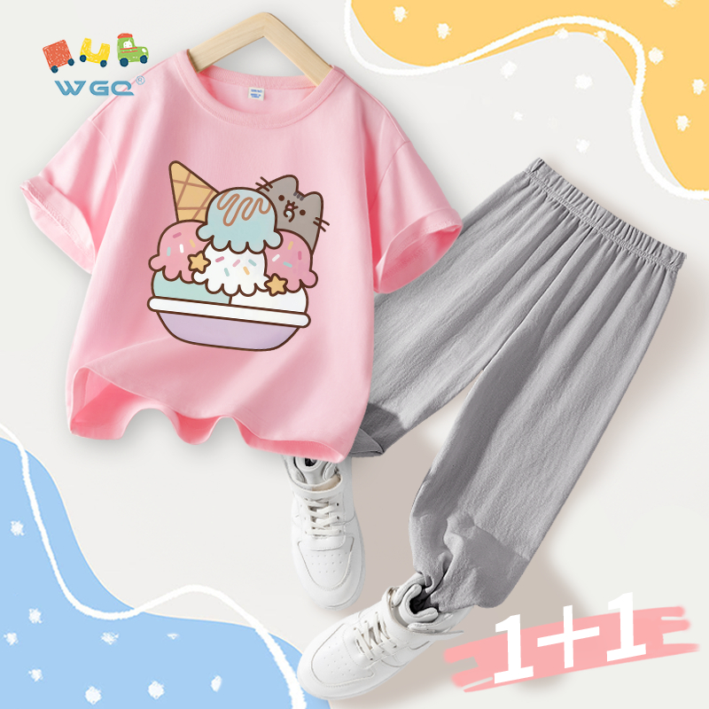 Bộ đồ bé gái W.G.Q, áo thun và quần chống muỗi, mềm mại thoải mái, thấm mồ hôi thoáng khí, thích hợp để mặc mùa hè nóng bỏng