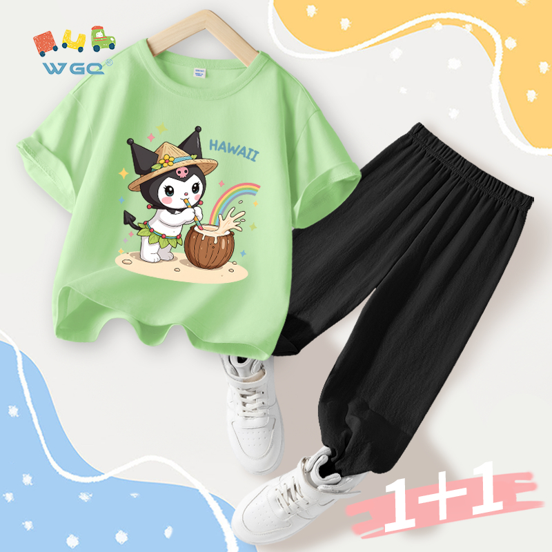 W.G.Q Bộ đồ bé gái，áo thun và quần chống muỗi，có in Kuromi，mềm mại thoải mái，thấm mồ hôi thoáng khí