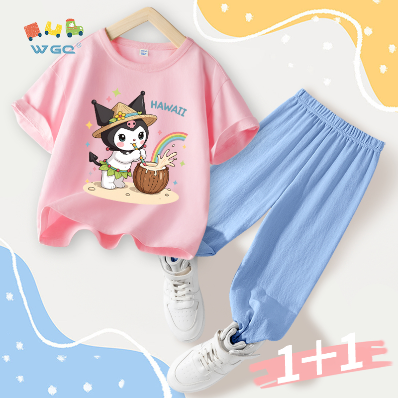 W.G.Q Bộ đồ bé gái，áo thun và quần chống muỗi，có in Kuromi，mềm mại thoải mái，thấm mồ hôi thoáng khí
