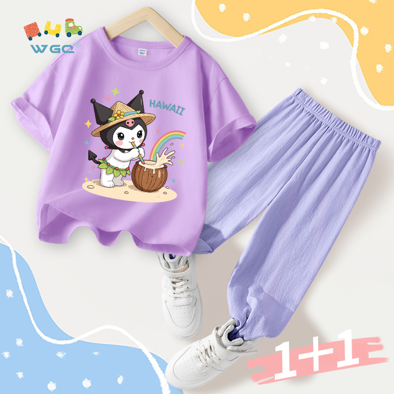 W.G.Q Bộ đồ bé gái，áo thun và quần chống muỗi，có in Kuromi，mềm mại thoải mái，thấm mồ hôi thoáng khí