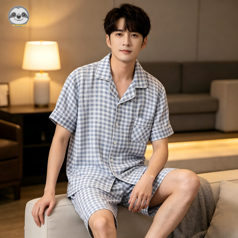 Phong cách Nhật Bản Muji Style - Gạc Cotton nguyên chất dành cho nam - Bộ đồ ngủ kẻ sọc ngắn tay - Mỏng mát cho mùa hè - Có thể mặc bên ngoài như quần short lounge