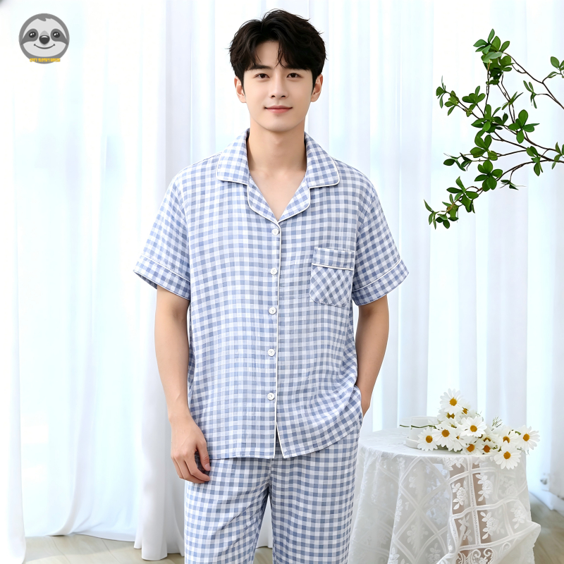 Phong cách Nhật Bản Muji Style - Gạc Cotton nguyên chất dành cho nam - Bộ đồ ngủ kẻ sọc ngắn tay - Mỏng mát cho mùa hè - Có thể mặc bên ngoài như quần short lounge