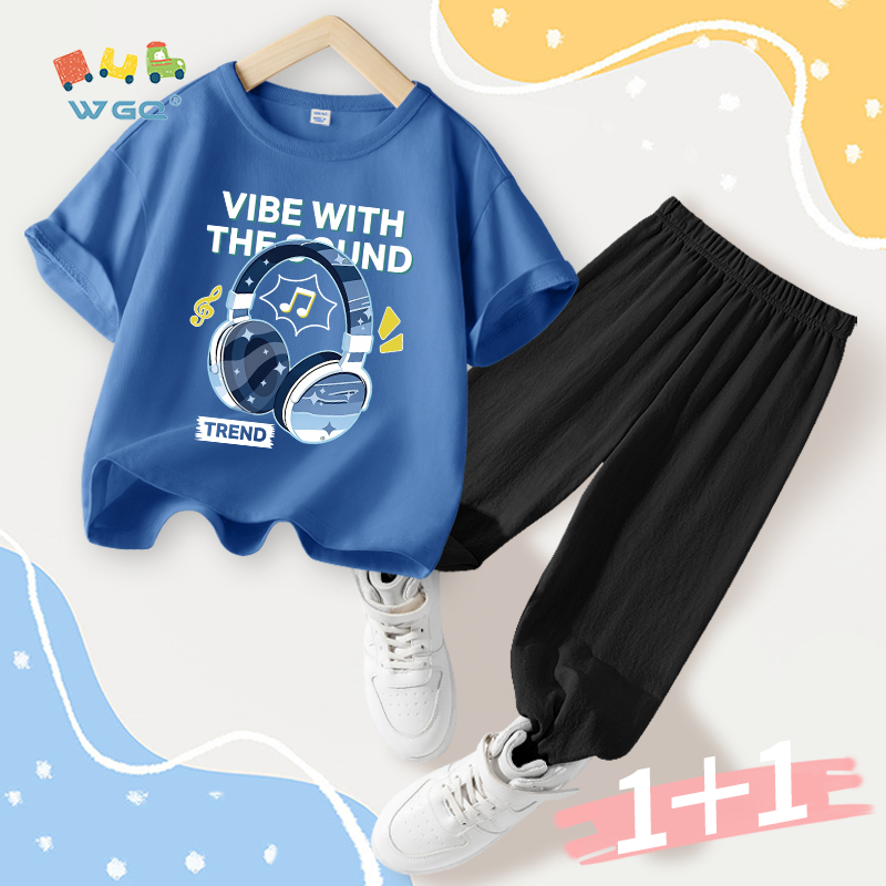 W.G.Q Bộ đồ bé trai，áo thun và quần chống muỗi，có in tai nghe，mềm mại thoải mái，thấm mồ hôi thoáng khí