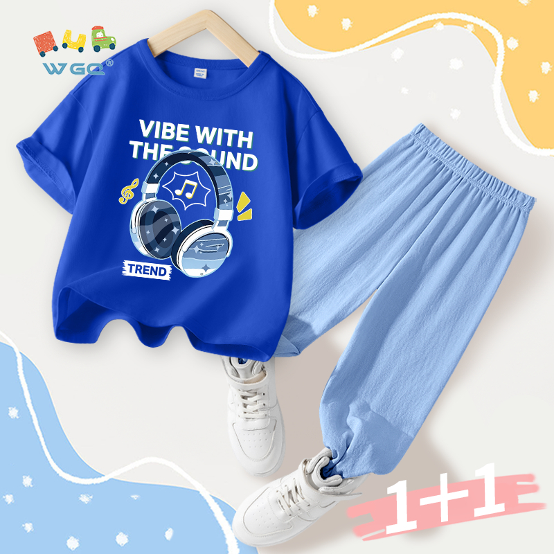 W.G.Q Bộ đồ bé trai，áo thun và quần chống muỗi，có in tai nghe，mềm mại thoải mái，thấm mồ hôi thoáng khí