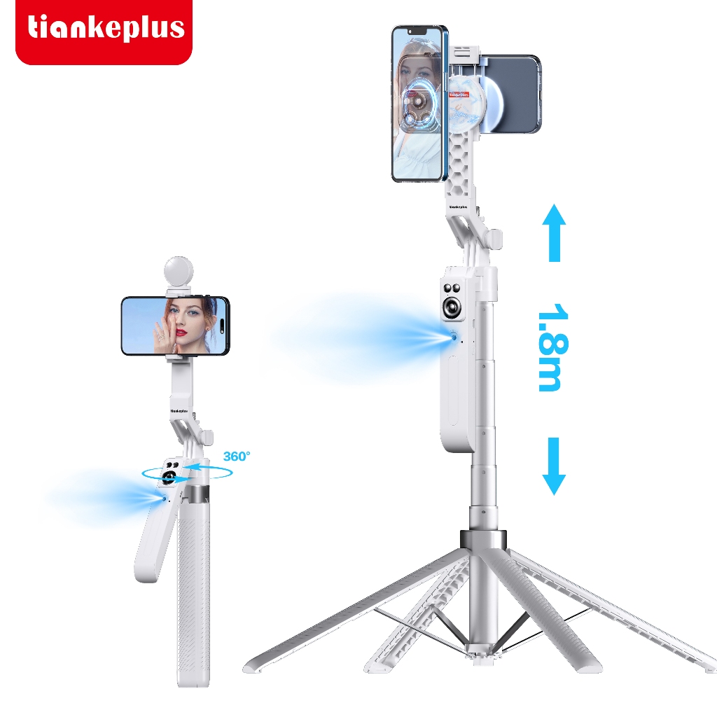 Tiankeplus C17 Pro Gậy Selfie AI Theo Dõi Khuôn Mặt 360°, Tay Cầm Cân Bằng Xoay 360°, Nam Châm & Kẹp Điện Thoại, Tripod Nhôm Kéo Dài 1.8m