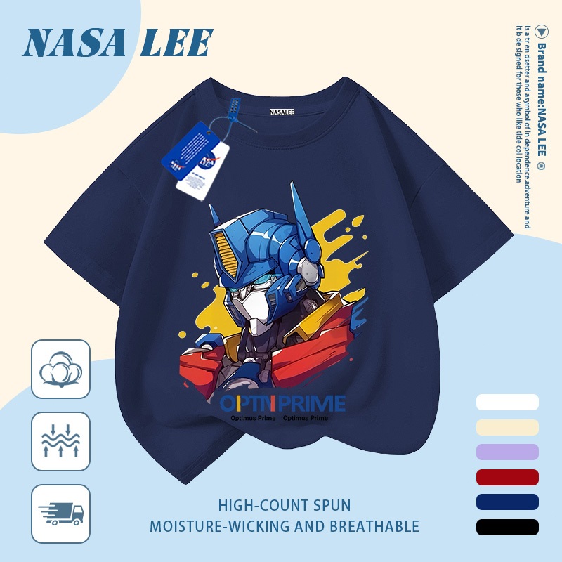 [Giao hàng trong ngày] Áo thun Cotton trắng nguyên chất thoáng khí cho trẻ em NASA Robot hoạt hình In hình hợp thời trang bé trai 3-16 tuổi bé gái tay ngắn thông thường