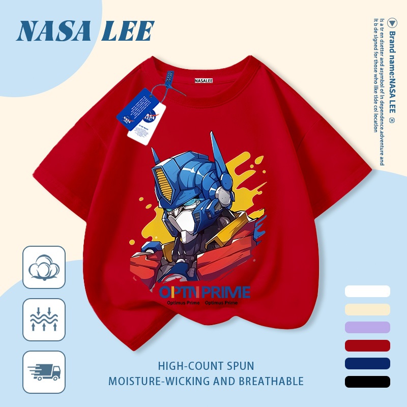 [Giao hàng trong ngày] Áo thun Cotton trắng nguyên chất thoáng khí cho trẻ em NASA Robot hoạt hình In hình hợp thời trang bé trai 3-16 tuổi bé gái tay ngắn thông thường