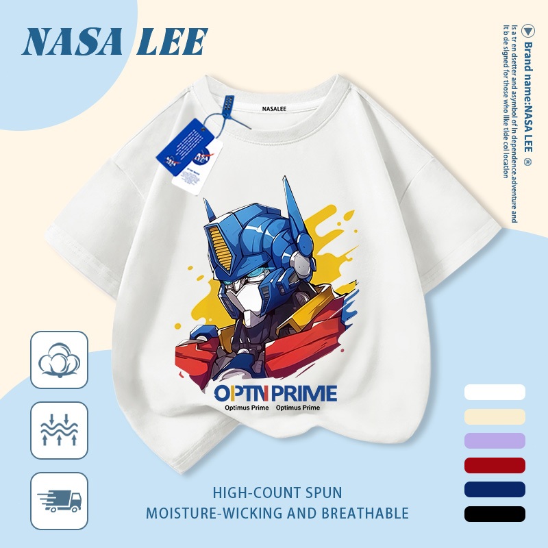 [Giao hàng trong ngày] Áo thun Cotton trắng nguyên chất thoáng khí cho trẻ em NASA Robot hoạt hình In hình hợp thời trang bé trai 3-16 tuổi bé gái tay ngắn thông thường