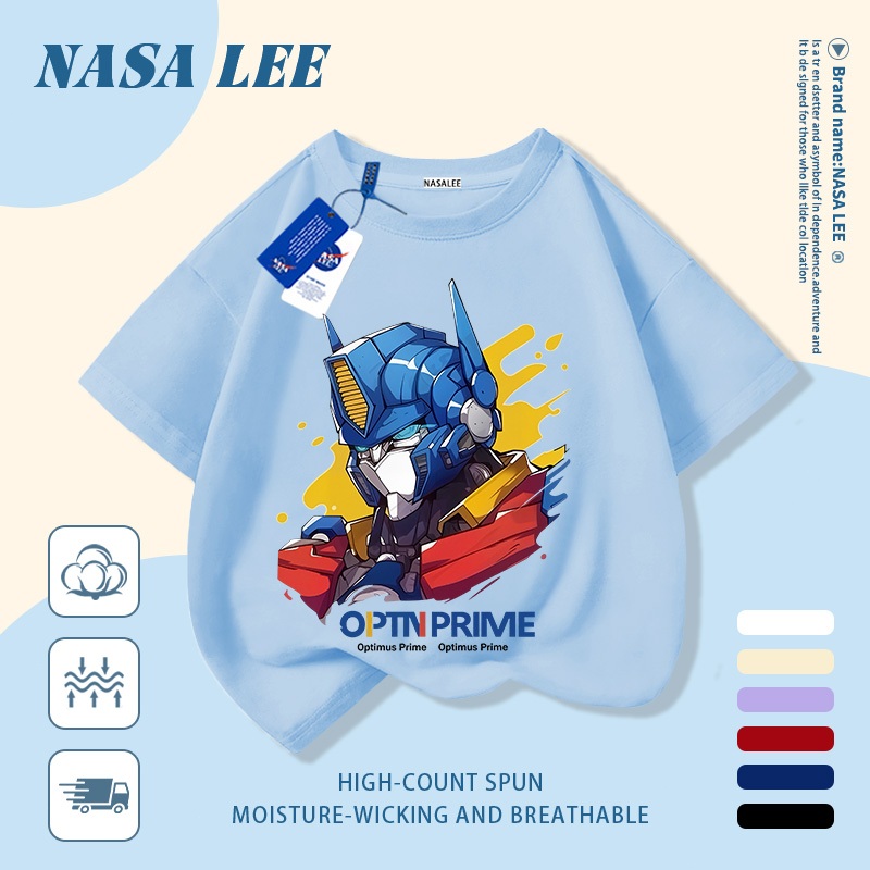 [Giao hàng trong ngày] Áo thun Cotton trắng nguyên chất thoáng khí cho trẻ em NASA Robot hoạt hình In hình hợp thời trang bé trai 3-16 tuổi bé gái tay ngắn thông thường