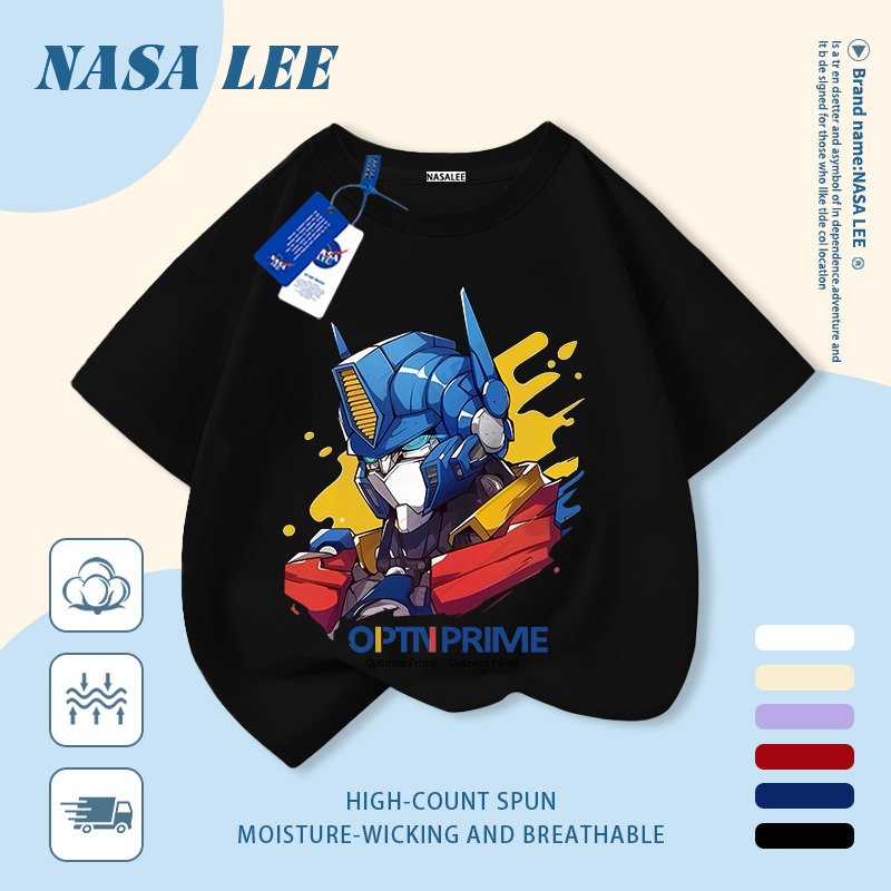 [Giao hàng trong ngày] Áo thun Cotton trắng nguyên chất thoáng khí cho trẻ em NASA Robot hoạt hình In hình hợp thời trang bé trai 3-16 tuổi bé gái tay ngắn thông thường