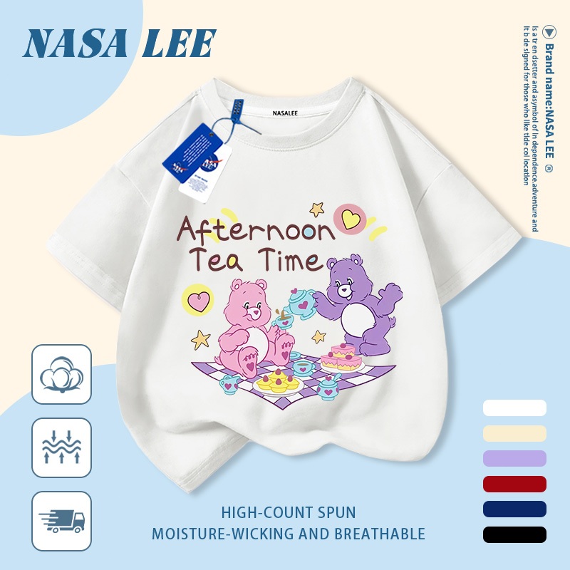 [Giao hàng trong ngày] Áo thun Cotton nguyên chất màu trắng cho trẻ em NASA Phim hoạt hình Gấu ngộ nghĩnh dễ thương In hợp thời trang 3-16 tuổi Bé trai bé gái tay ngắn thông thường