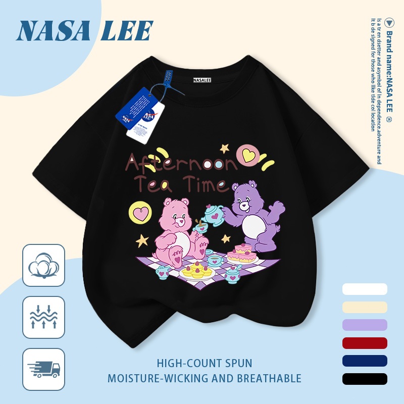 [Giao hàng trong ngày] Áo thun Cotton nguyên chất màu trắng cho trẻ em NASA Phim hoạt hình Gấu ngộ nghĩnh dễ thương In hợp thời trang 3-16 tuổi Bé trai bé gái tay ngắn thông thường