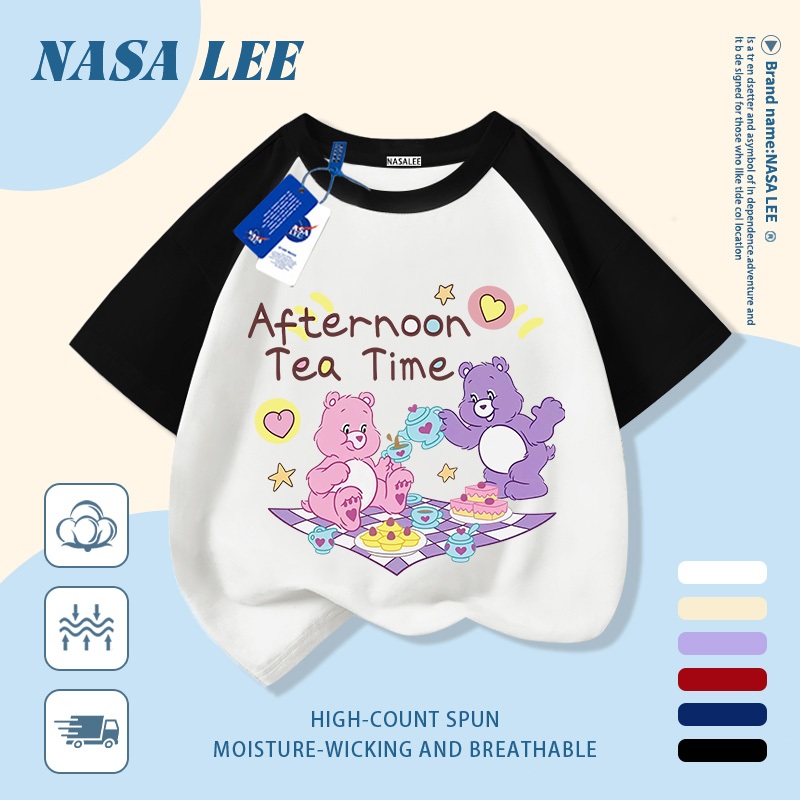 [Giao hàng trong ngày] Áo thun Cotton nguyên chất màu trắng cho trẻ em NASA Phim hoạt hình Gấu ngộ nghĩnh dễ thương In hợp thời trang 3-16 tuổi Bé trai bé gái tay ngắn thông thường