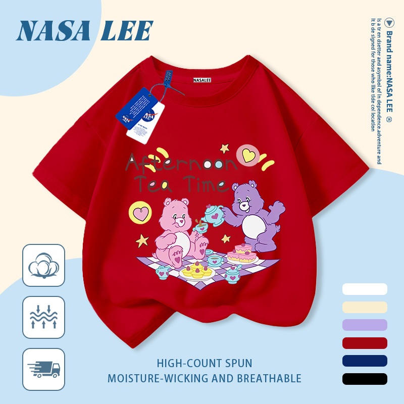 [Giao hàng trong ngày] Áo thun Cotton nguyên chất màu trắng cho trẻ em NASA Phim hoạt hình Gấu ngộ nghĩnh dễ thương In hợp thời trang 3-16 tuổi Bé trai bé gái tay ngắn thông thường