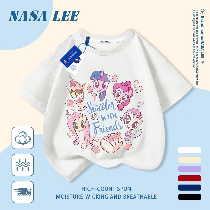 [Giao hàng trong ngày] Áo thun Cotton nguyên chất màu trắng cho trẻ em NASA Phim hoạt hình dễ thương Chú ngựa vui nhộn in hợp thời trang 3-16 tuổi Bé trai bé gái tay ngắn thông thường