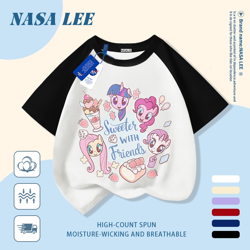[Giao hàng trong ngày] Áo thun Cotton nguyên chất màu trắng cho trẻ em NASA Phim hoạt hình dễ thương Chú ngựa vui nhộn in hợp thời trang 3-16 tuổi Bé trai bé gái tay ngắn thông thường