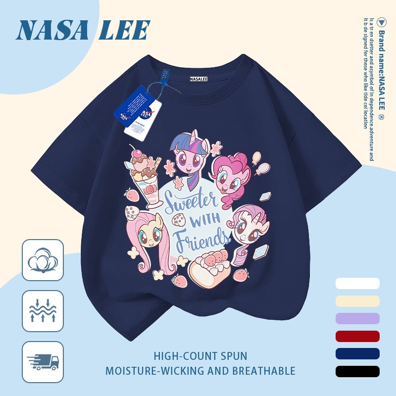 [Giao hàng trong ngày] Áo thun Cotton nguyên chất màu trắng cho trẻ em NASA Phim hoạt hình dễ thương Chú ngựa vui nhộn in hợp thời trang 3-16 tuổi Bé trai bé gái tay ngắn thông thường