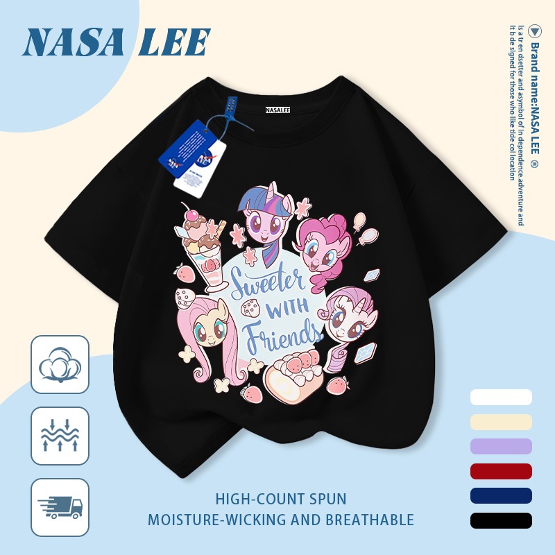 [Giao hàng trong ngày] Áo thun Cotton nguyên chất màu trắng cho trẻ em NASA Phim hoạt hình dễ thương Chú ngựa vui nhộn in hợp thời trang 3-16 tuổi Bé trai bé gái tay ngắn thông thường