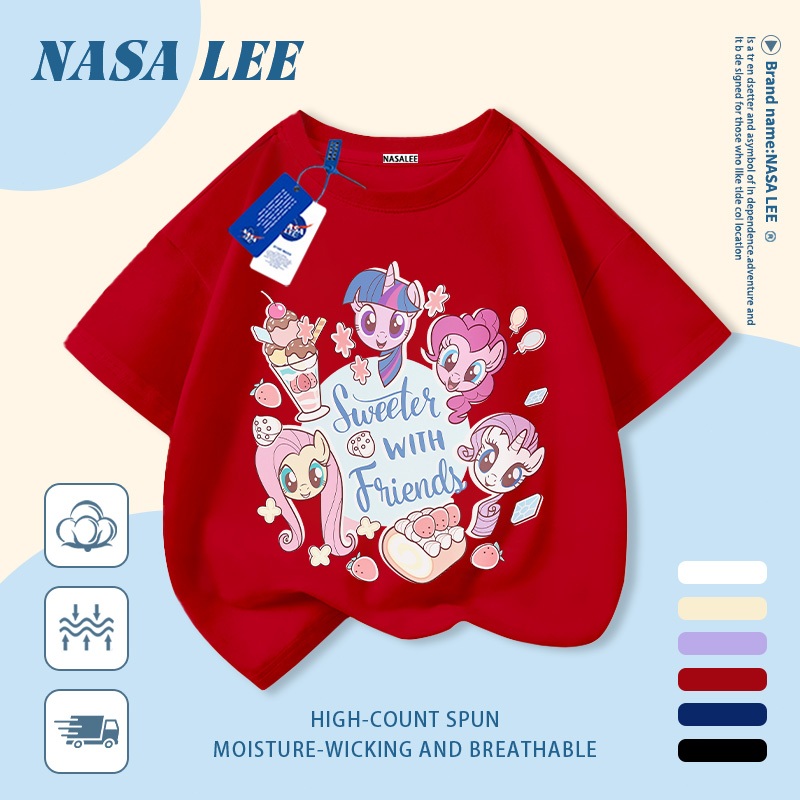 [Giao hàng trong ngày] Áo thun Cotton nguyên chất màu trắng cho trẻ em NASA Phim hoạt hình dễ thương Chú ngựa vui nhộn in hợp thời trang 3-16 tuổi Bé trai bé gái tay ngắn thông thường