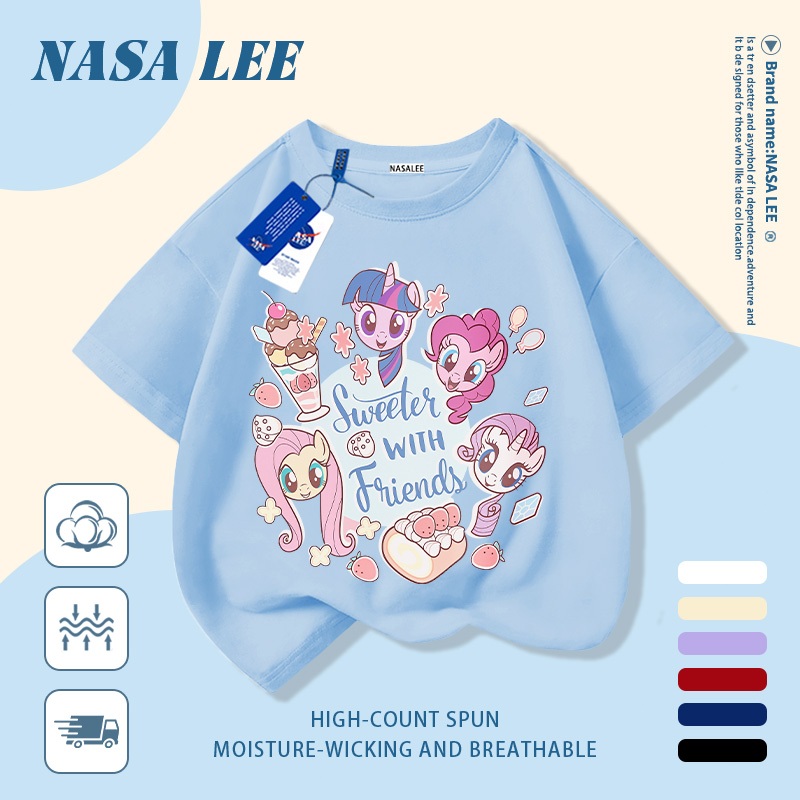 [Giao hàng trong ngày] Áo thun Cotton nguyên chất màu trắng cho trẻ em NASA Phim hoạt hình dễ thương Chú ngựa vui nhộn in hợp thời trang 3-16 tuổi Bé trai bé gái tay ngắn thông thường