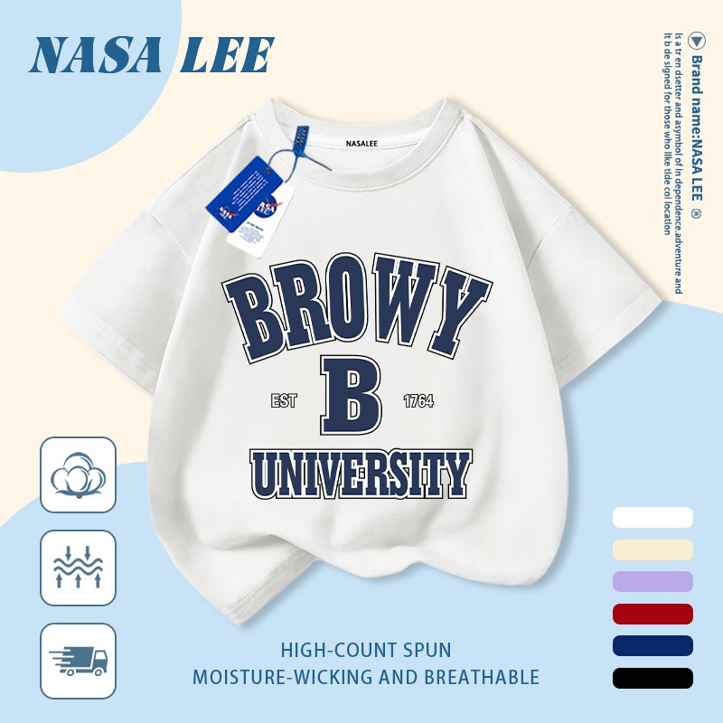 [Giao hàng trong ngày] Áo thun Cotton nguyên chất màu trắng cho trẻ em NASA Phim hoạt hình dễ thương Chữ cái ngộ nghĩnh in hợp thời trang 3-16 tuổi Bé trai bé gái tay ngắn thông thường
