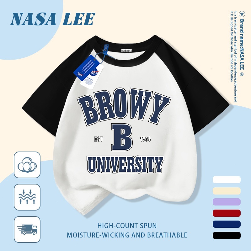 [Giao hàng trong ngày] Áo thun Cotton nguyên chất màu trắng cho trẻ em NASA Phim hoạt hình dễ thương Chữ cái ngộ nghĩnh in hợp thời trang 3-16 tuổi Bé trai bé gái tay ngắn thông thường