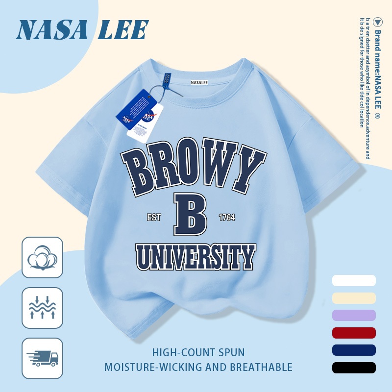 [Giao hàng trong ngày] Áo thun Cotton nguyên chất màu trắng cho trẻ em NASA Phim hoạt hình dễ thương Chữ cái ngộ nghĩnh in hợp thời trang 3-16 tuổi Bé trai bé gái tay ngắn thông thường