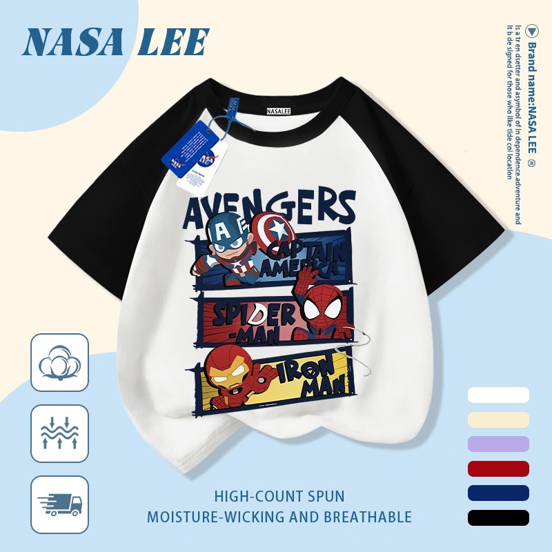 [Giao hàng trong ngày] Áo thun Cotton nguyên chất màu trắng cho trẻ em NASA Phim hoạt hình siêu anh hùng dễ thương In hình hợp thời trang 3-16 tuổi Bé trai bé gái tay ngắn thông thường