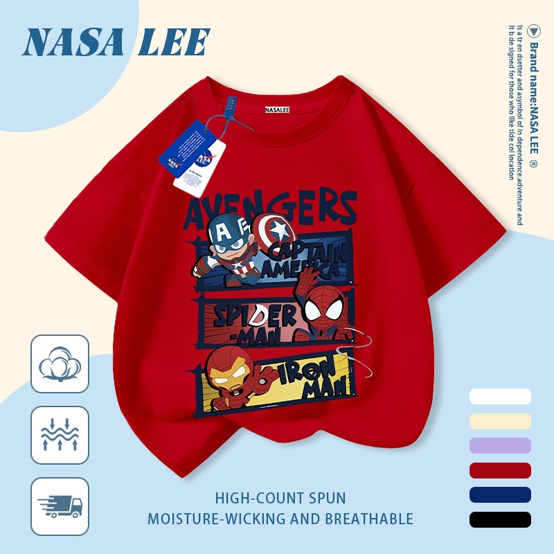 [Giao hàng trong ngày] Áo thun Cotton nguyên chất màu trắng cho trẻ em NASA Phim hoạt hình siêu anh hùng dễ thương In hình hợp thời trang 3-16 tuổi Bé trai bé gái tay ngắn thông thường