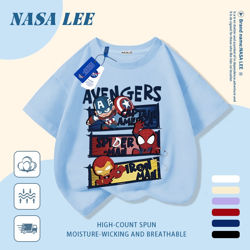 [Giao hàng trong ngày] Áo thun Cotton nguyên chất màu trắng cho trẻ em NASA Phim hoạt hình siêu anh hùng dễ thương In hình hợp thời trang 3-16 tuổi Bé trai bé gái tay ngắn thông thường