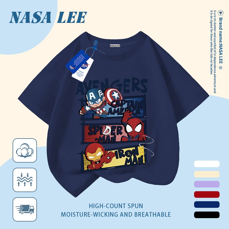 [Giao hàng trong ngày] Áo thun Cotton nguyên chất màu trắng cho trẻ em NASA Phim hoạt hình siêu anh hùng dễ thương In hình hợp thời trang 3-16 tuổi Bé trai bé gái tay ngắn thông thường