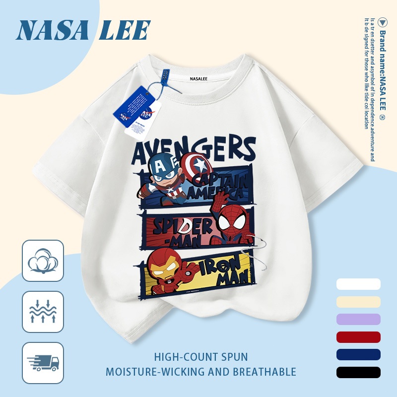 [Giao hàng trong ngày] Áo thun Cotton nguyên chất màu trắng cho trẻ em NASA Phim hoạt hình siêu anh hùng dễ thương In hình hợp thời trang 3-16 tuổi Bé trai bé gái tay ngắn thông thường