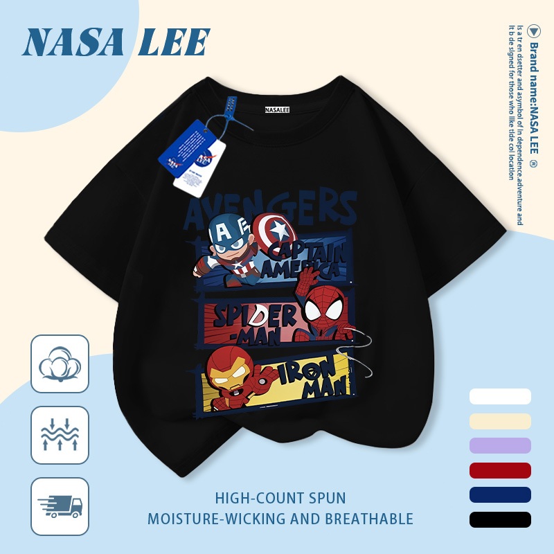 [Giao hàng trong ngày] Áo thun Cotton nguyên chất màu trắng cho trẻ em NASA Phim hoạt hình siêu anh hùng dễ thương In hình hợp thời trang 3-16 tuổi Bé trai bé gái tay ngắn thông thường