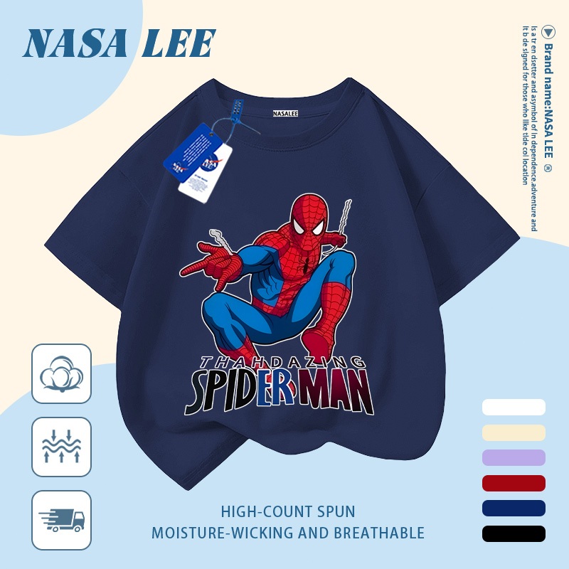 [Giao hàng trong ngày] Áo thun Cotton nguyên chất màu trắng cho trẻ em NASA Phim hoạt hình dễ thương Người nhện ngộ nghĩnh in hợp thời trang 3-16 tuổi Bé trai bé gái tay ngắn thông thường
