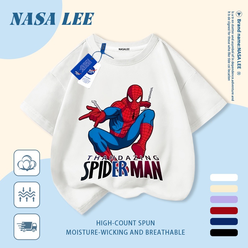 [Giao hàng trong ngày] Áo thun Cotton nguyên chất màu trắng cho trẻ em NASA Phim hoạt hình dễ thương Người nhện ngộ nghĩnh in hợp thời trang 3-16 tuổi Bé trai bé gái tay ngắn thông thường