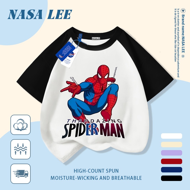 [Giao hàng trong ngày] Áo thun Cotton nguyên chất màu trắng cho trẻ em NASA Phim hoạt hình dễ thương Người nhện ngộ nghĩnh in hợp thời trang 3-16 tuổi Bé trai bé gái tay ngắn thông thường
