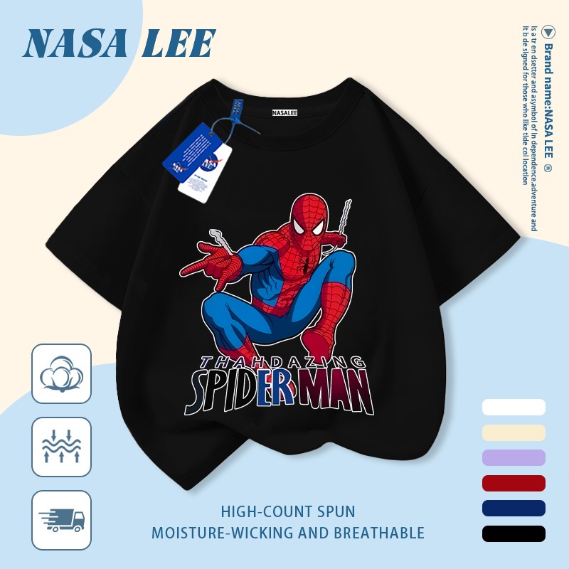 [Giao hàng trong ngày] Áo thun Cotton nguyên chất màu trắng cho trẻ em NASA Phim hoạt hình dễ thương Người nhện ngộ nghĩnh in hợp thời trang 3-16 tuổi Bé trai bé gái tay ngắn thông thường